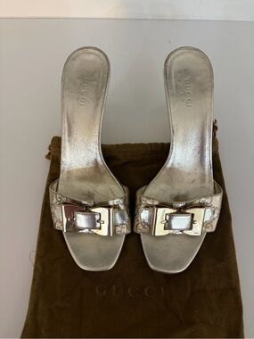 Gucci Metallic champagne/gold monogram buckle slide mule